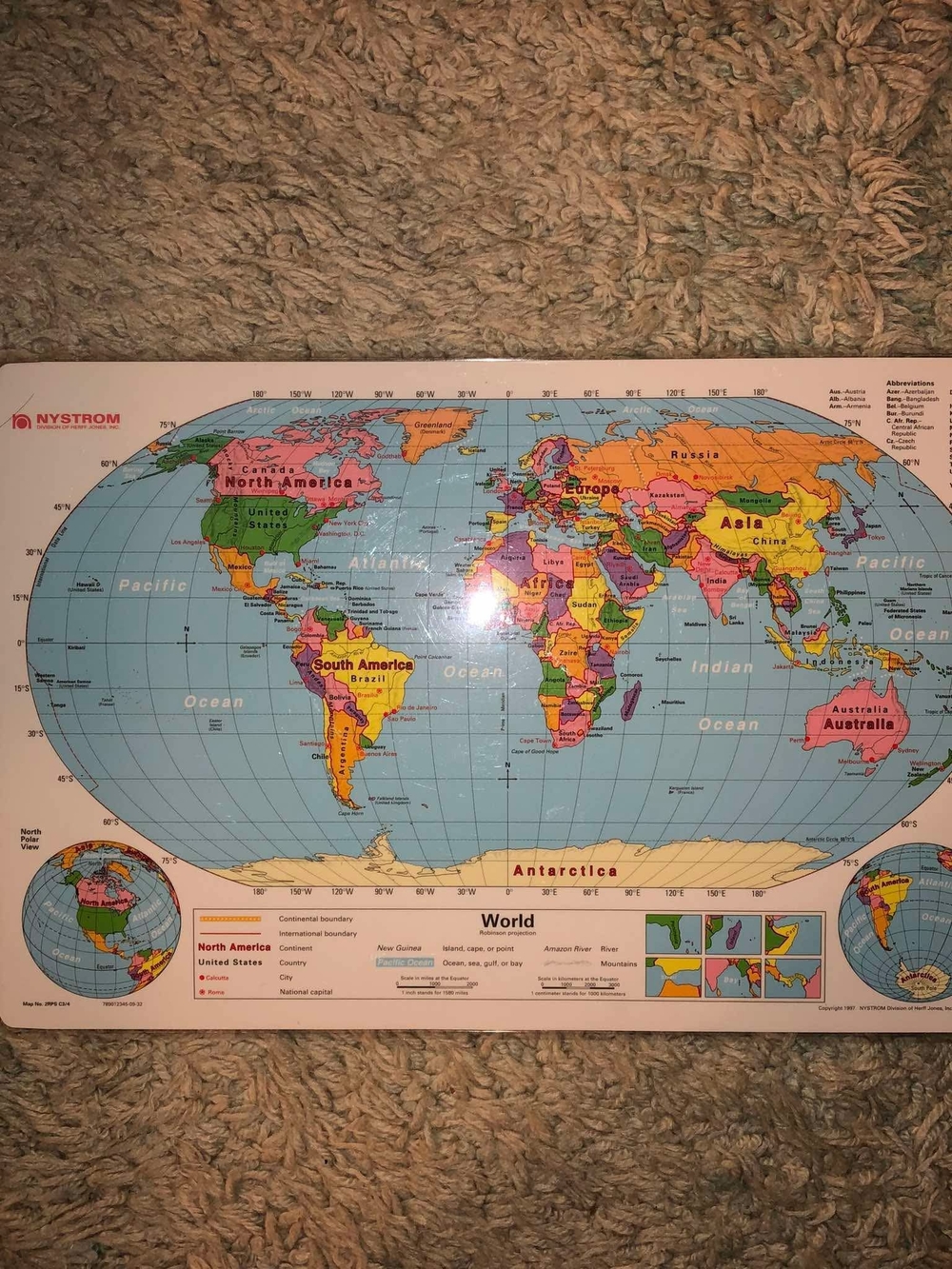 Nystrom World & USA Map Placemat Double-Sided Plastic 17X11